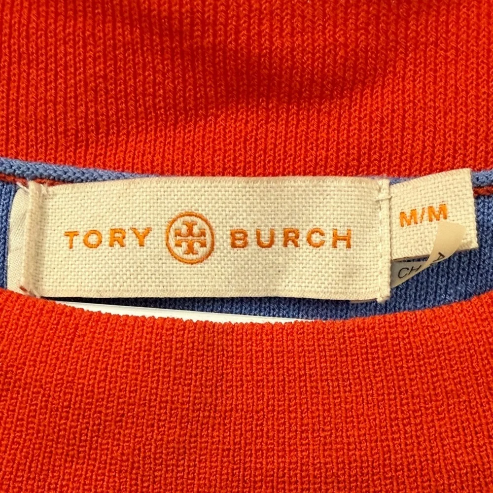 EUC Tory Burch Light Blue Short Sleeve Sweater with Orange Trim